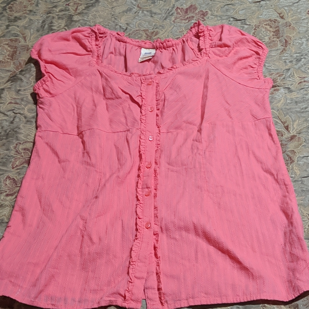 LG Faded Glory Salmon Ruffle Elastic Button Blouse